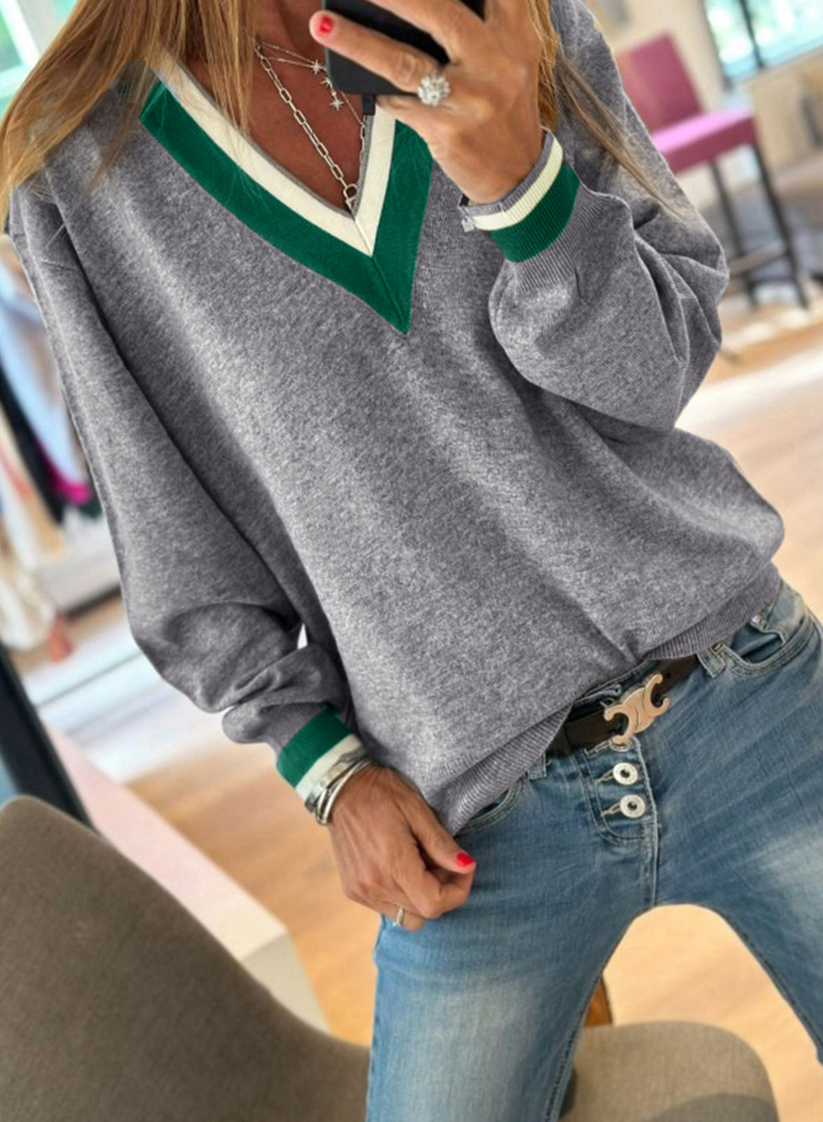 Gray Contrast Striped Trim V Neck Varsity Sweater for Women and Men Lightweight Knit Dear-Lover Dropshipping